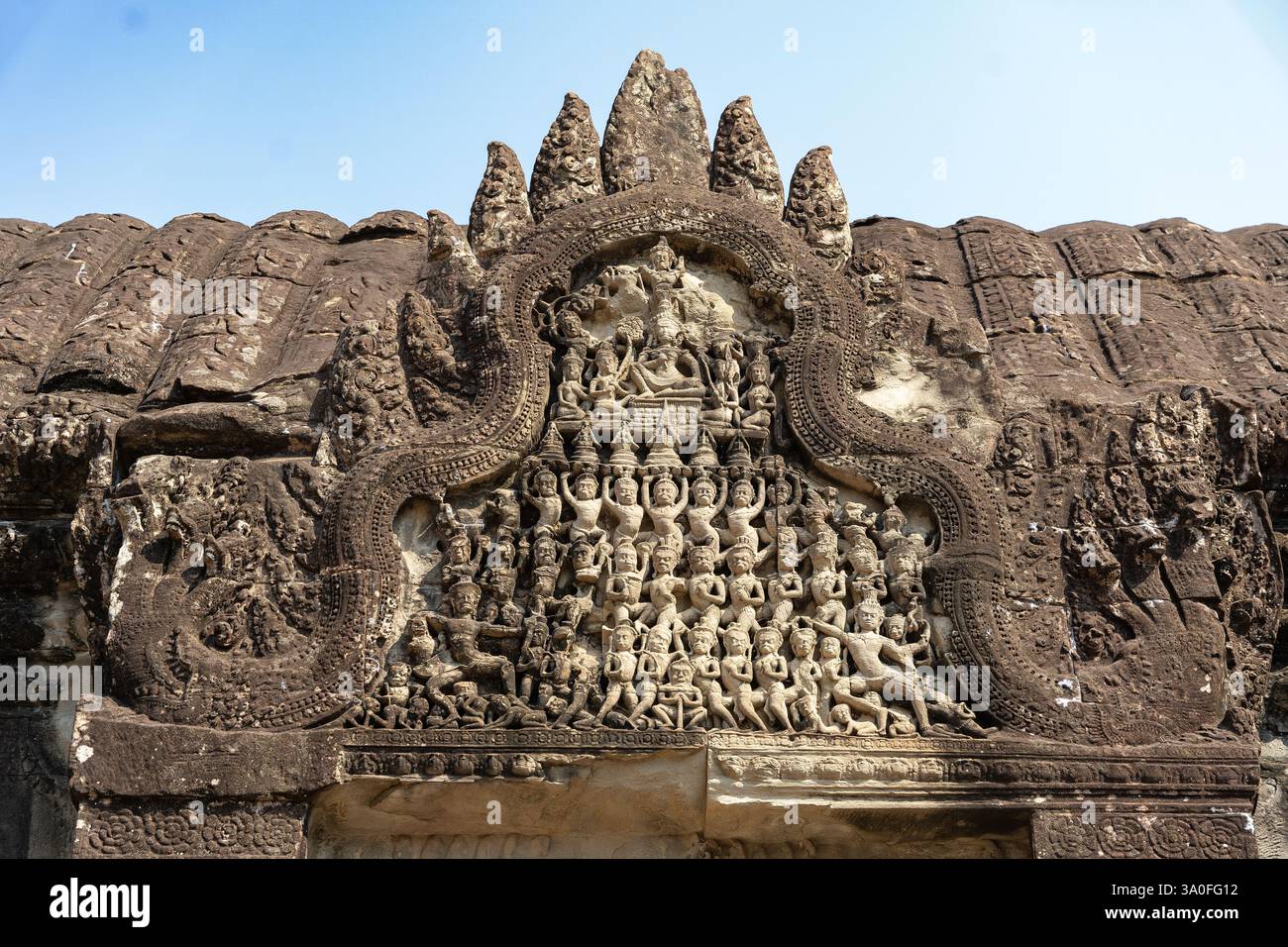 Relief rapproché dans le complexe d'Angkor Wat, l'ancien temple de Ta Prohm, Cambodge Banque D'Images