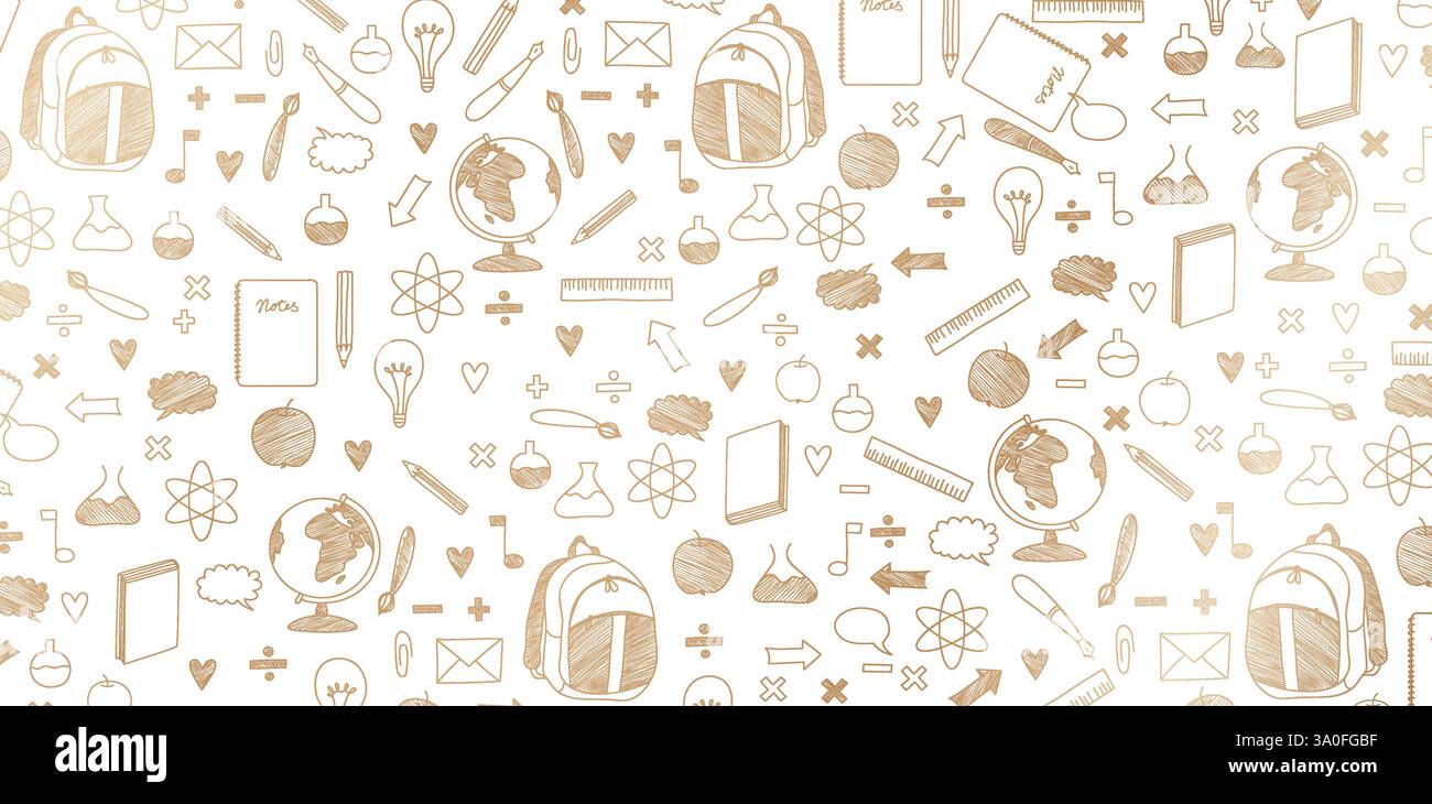 Retour à l'école motifs sans couture dessinés à la main doodle line art couleurs dorées arrière-plans blancs isolés pour papiers peints textiles, couverture de livres Illustration de Vecteur