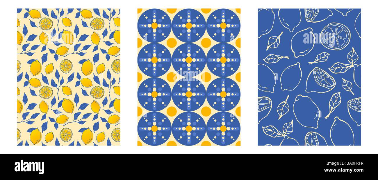 Motif Amalfi avec motifs de citron méditerranéen en jaune et bleu. Éléments de conception fruits avec des feuilles, cercles géométriques avec des points et dessins d'agrumes de contour. Imprimés élégants pour textiles. Illustration de Vecteur
