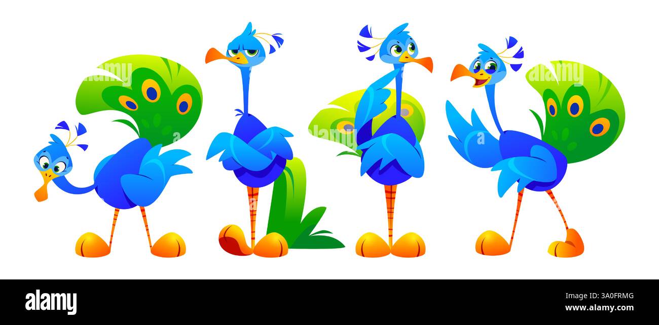 Personnages de paon de dessin animé avec des expressions mignonnes dans différentes poses. Design ludique de corps bleus avec des becs orange vif, des jambes rayées et des pieds jaunes, des plumes de queue vertes avec des yeux colorés. Illustration de Vecteur