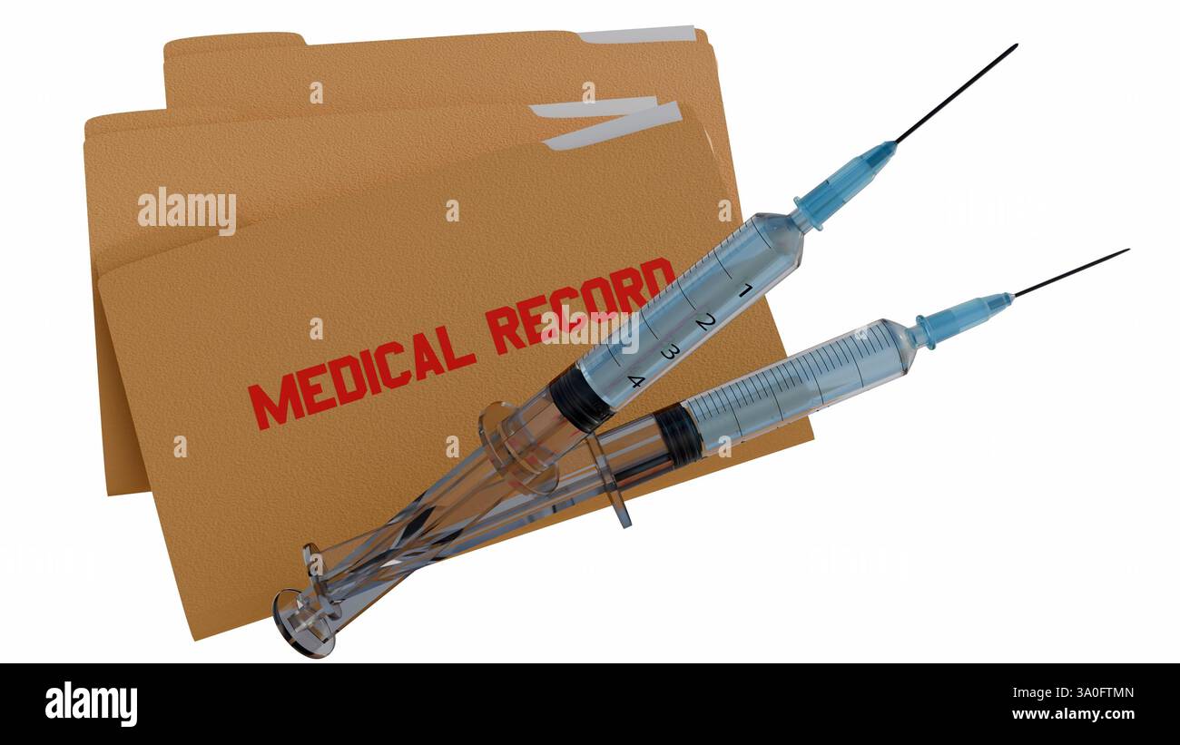 Un rendu 3D du dossier médical juxtaposé à la seringue médicale, représentation des soins de santé et de la documentation médicale. Banque D'Images Un rendu 3D du dossier médical juxtaposé à la seringue médicale, représentation des soins de santé et de la documentation médicale. Banque D'Images
