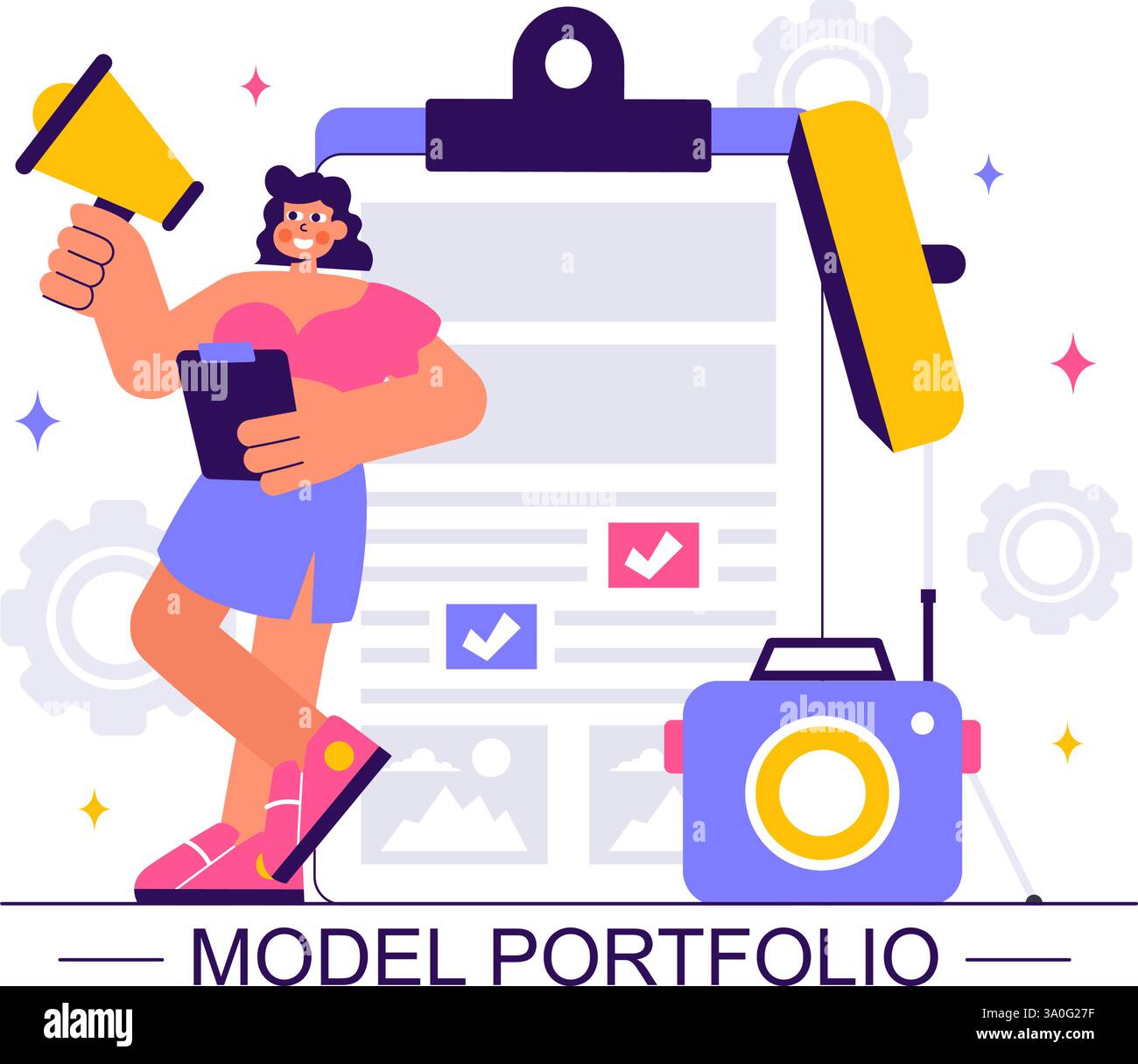 Portefeuille de modèles illustration vectorielle mettant en vedette un responsable d'agence de modélisation et un photographe prenant des photos d'un modèle sur une plate-forme dans un fond plat Illustration de Vecteur