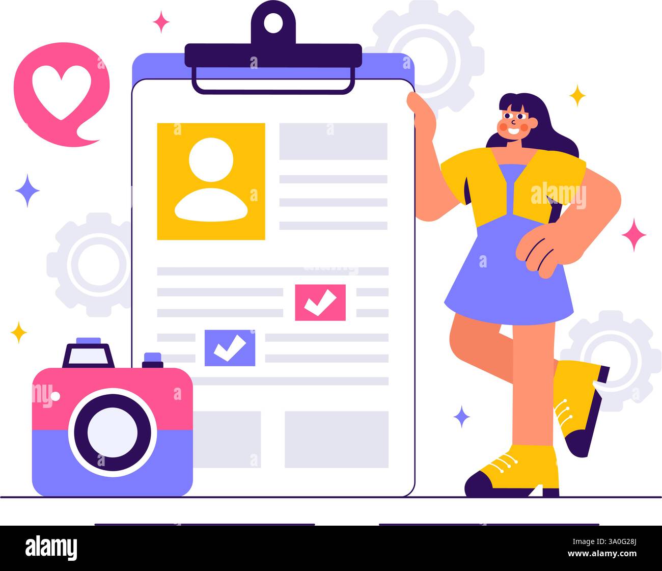 Portefeuille de modèles illustration vectorielle mettant en vedette un responsable d'agence de modélisation et un photographe prenant des photos d'un modèle sur une plate-forme dans un fond plat Illustration de Vecteur