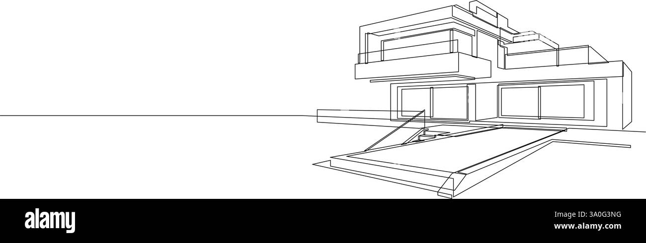 Un dessin au trait continu de maison de toit plat avec piscine. Esquisse linéaire noire de style minimaliste d'un bâtiment moderne isolé sur fond blanc Illustration de Vecteur