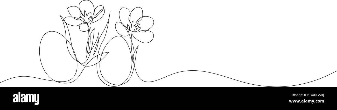 Dessin continu d'une ligne d'oeufs de Pâques avec des fleurs de printemps. Joyeuses bannière de voeux de Pâques design minimaliste. Illustration vectorielle, contour modifiable Illustration de Vecteur