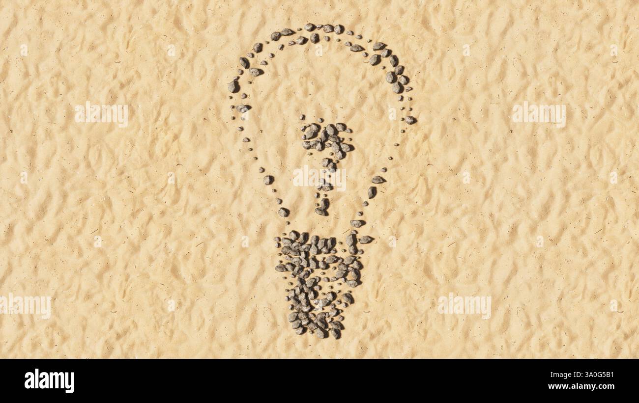 Concept pierres conceptuelles sur sable de plage forme de symbole fait main, fond de sable doré, signe d'ampoule. 3d métaphore de l'illustration pour l'inspiration Banque D'Images
