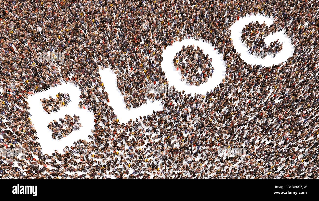Concept ou conceptuel grande communauté de personnes formant le mot BLOG. métaphore d'illustration 3d pour les médias sociaux, l'écriture en ligne, la créativité Banque D'Images