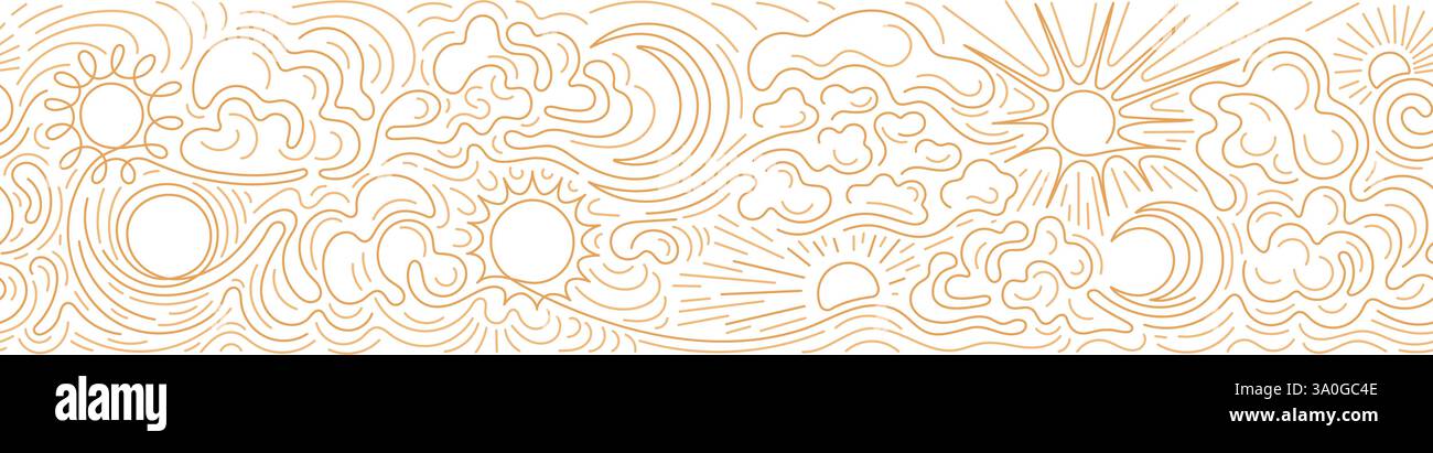 Soleil, lune, nuage. Esquisse de ligne motif sans couture dans un style minimal. Frise dorée vectorielle sur fond blanc. Conception graphique. Textile cosmique Illustration de Vecteur