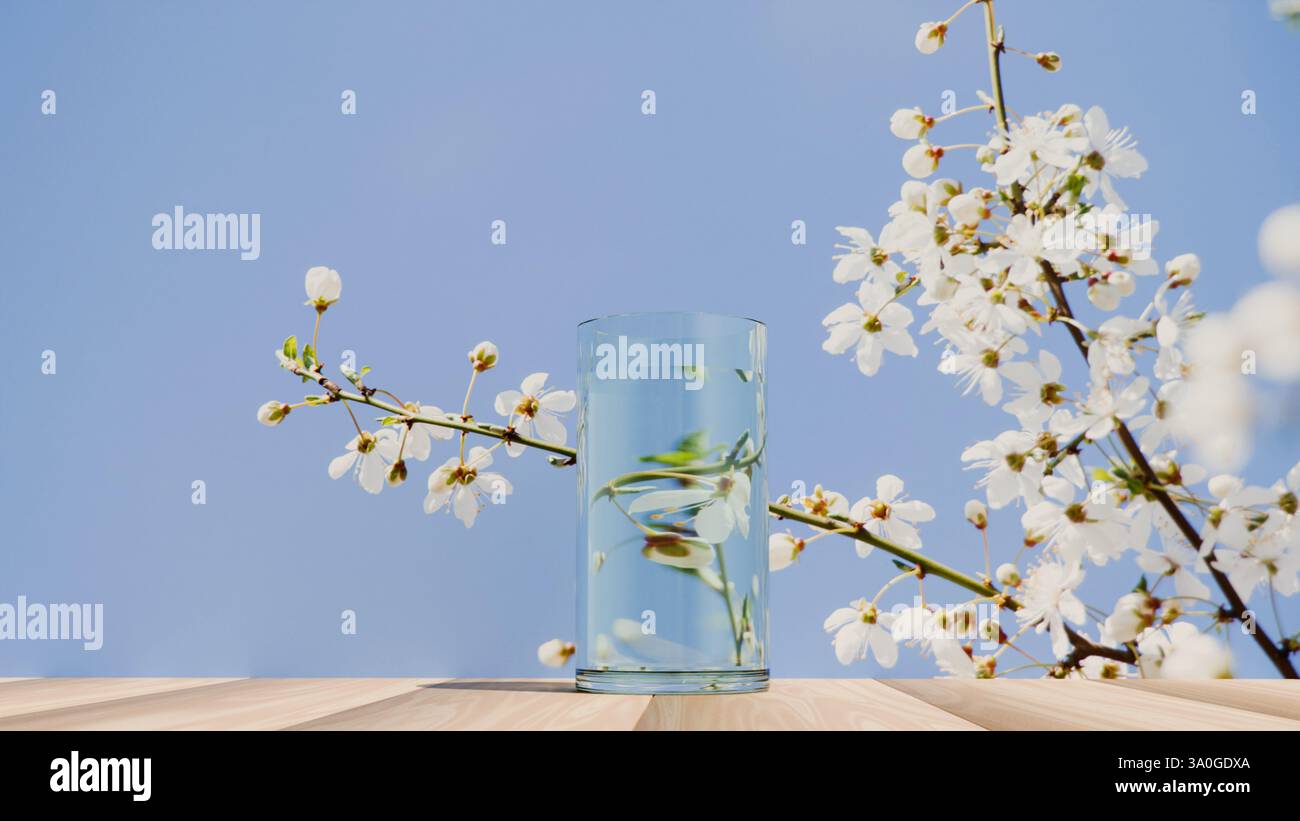 Modèle 3D d'un verre d'eau sur fond de fleurs de cerisier et de ciel, eau dans un verre Banque D'Images