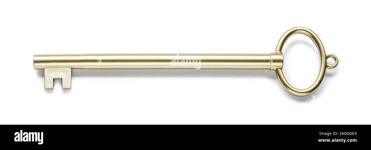 Clé de porte de maison en laiton isolée sur blanc Banque D'Images