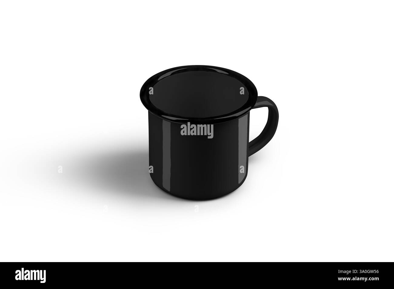 Maquette de mug noir émaillé avec rebord noir, poignée, isolé sur fond. Modèle de tasse de fer pour la conception, l'impression, l'image de marque, la publicité. Touriste crocker Banque D'Images