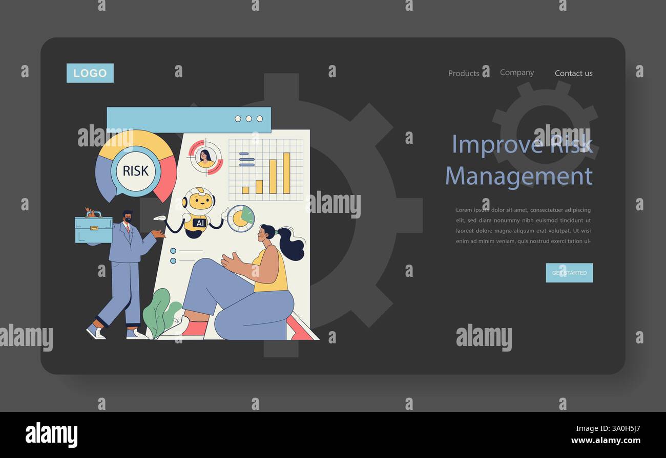 Concept robot Advisor. Approche innovante de la gestion des risques utilisant l’intelligence artificielle et l’analyse des données. Les visuels incluent des graphiques, un robot et des professionnels collaborant pour des solutions efficaces. Illustration vectorielle. Illustration de Vecteur