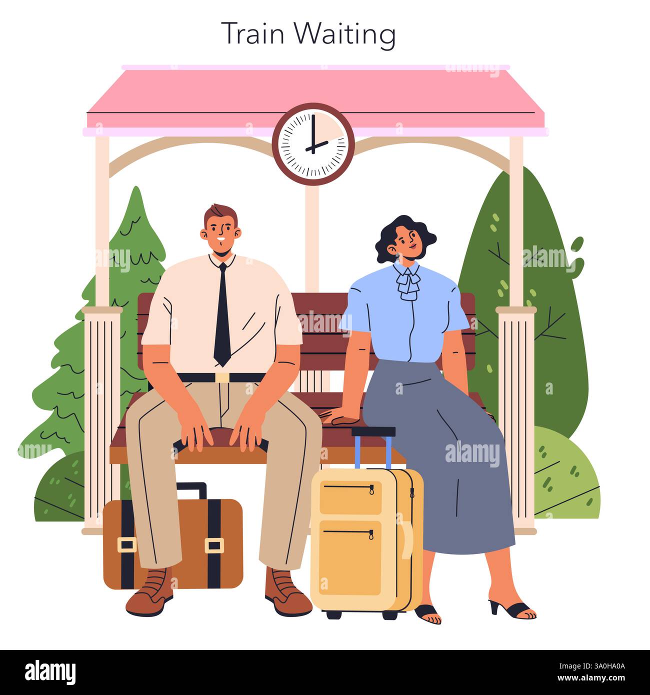 Concept d'attente de train. Individus attendant un train à une gare, mettant en avant un moment d'anticipation. La scène transmet les émotions du voyage, de l'excitation et de la préparation à l'aventure. Illustration vectorielle. Illustration de Vecteur