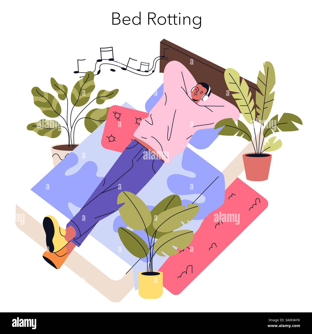 Concept de pourriture de lit. Une scène mettant en valeur la détente et le confort lors d'une journée paresseuse. Une personne est allongée sur un lit entouré de plantes luxuriantes et d'une atmosphère apaisante. Idéal pour les discussions sur les soins personnels. Illustration vectorielle. Illustration de Vecteur
