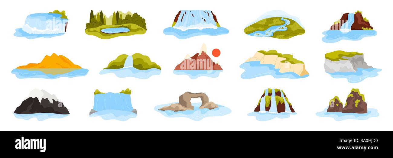 Cascades célèbres, rivières et lacs du monde entier. Collection de monuments de la nature avec Niagara et Victoria Falls, White Cliffs of Dover et Halong Bay Rocks, illustration vectorielle de dessins animés Angel Falls Illustration de Vecteur