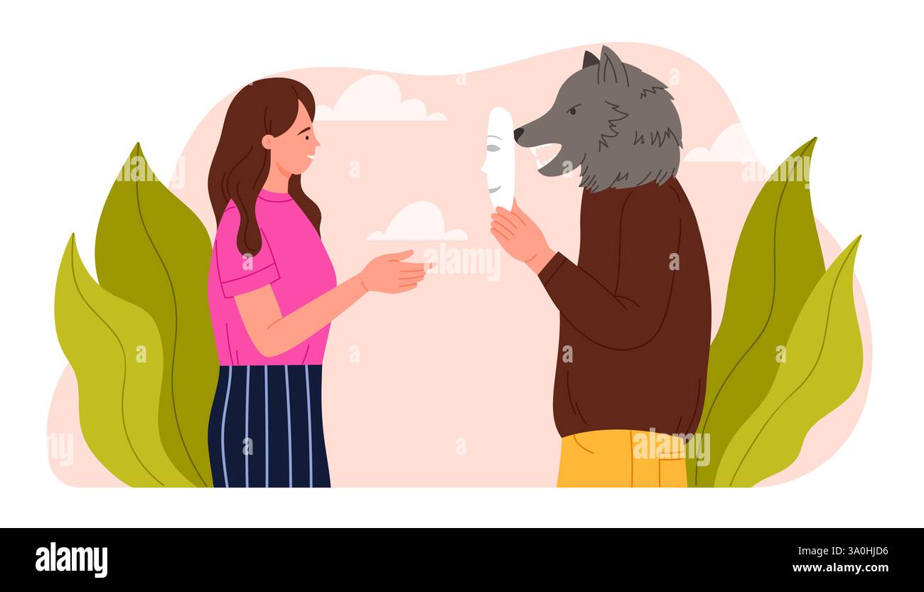 Duplicité et tromperie, hypocrisie dans les relations, dissimulation de vraies intentions agressives malhonnêtes. Menteur tenant un masque aimable pour prétendre être ami à la femme, cacher l'illustration vectorielle de dessin animé de visage de loup Illustration de Vecteur