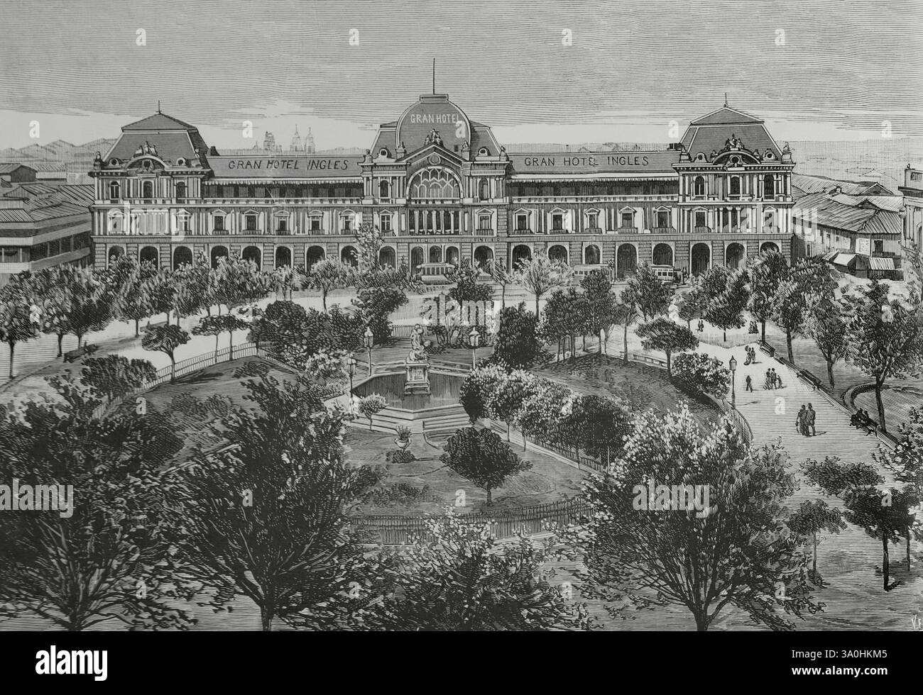 Santiago (Santiago du Chili), Chili. Vue panoramique sur la Plaza de Armas et la façade principale du Gran Hotel Inglés. Gravure par Vela. La Ilustración Española y Americana (illustration espagnole et américaine), 1883. Banque D'Images