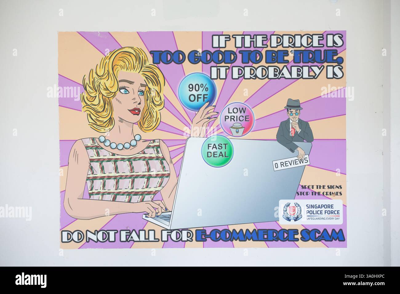 Dessin coloré d'un avis d'arnaque pour sensibiliser et éduquer le public, ne tombez pas pour le crime d'arnaque e-commerce en ligne, Singapour. Banque D'Images