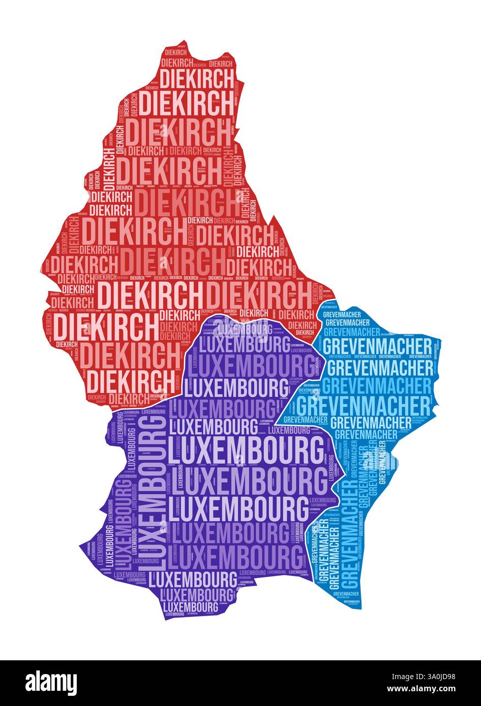 Forme luxembourgeoise. Nuage de mots de pays avec division de région. Luxembourg illustration colorée. Nuage de noms de région. Illustration vectorielle. Illustration de Vecteur