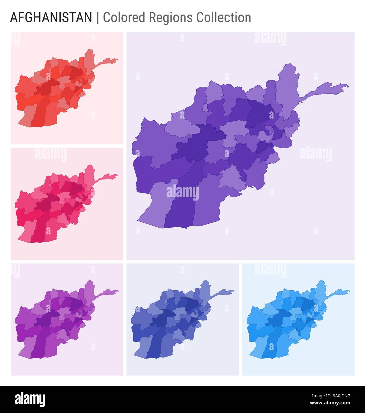 Collection de cartes de l'Afghanistan. Forme de pays avec régions colorées. Violet foncé, rouge, rose, violet, indigo, palettes de couleurs bleues. Illustration de Vecteur