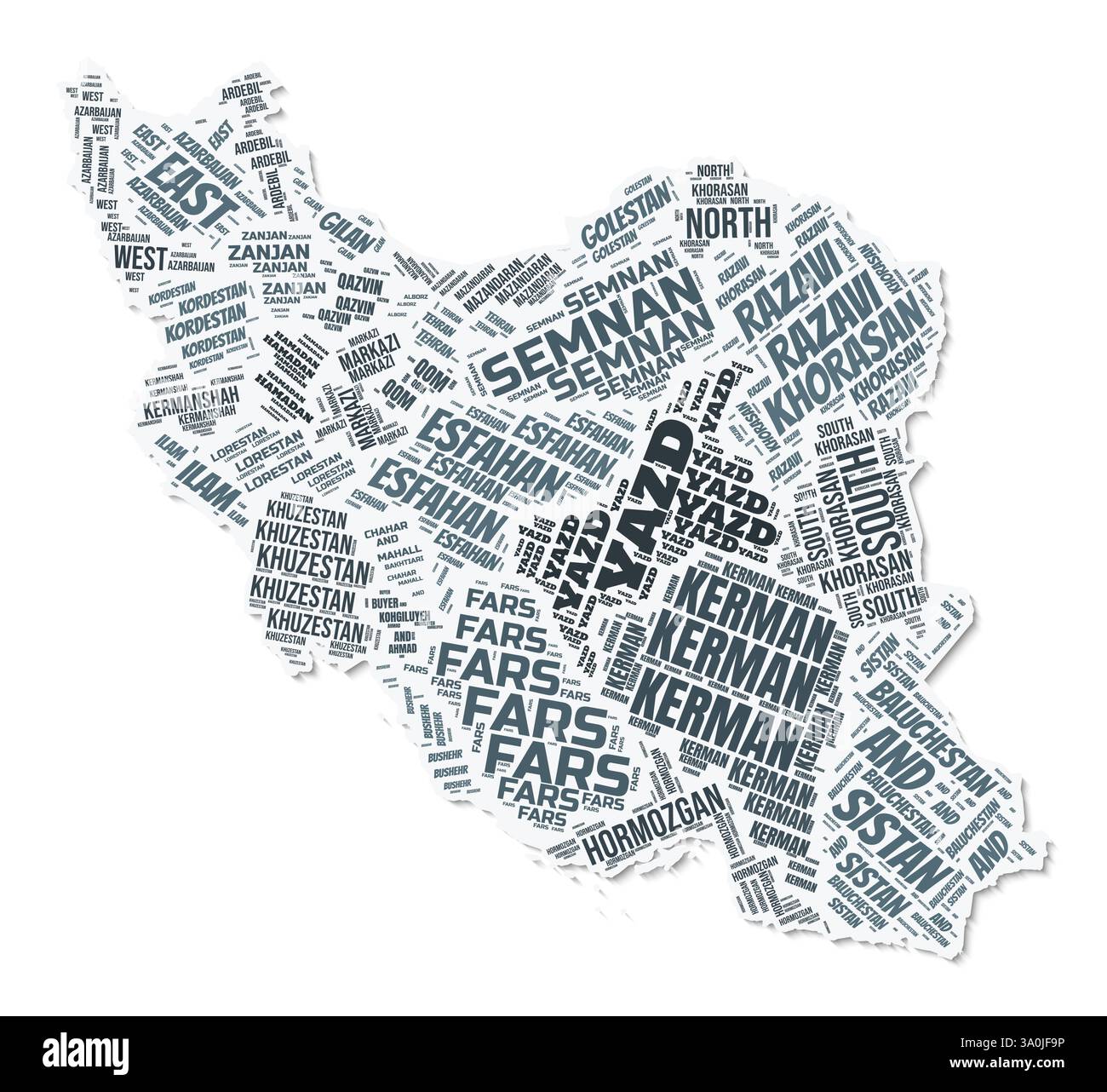 Nuage de texte de forme Iran. Frontière de pays avec ombre sur fond blanc. Iran avec division des régions dans le style vintage gazette. Illustration de Vecteur