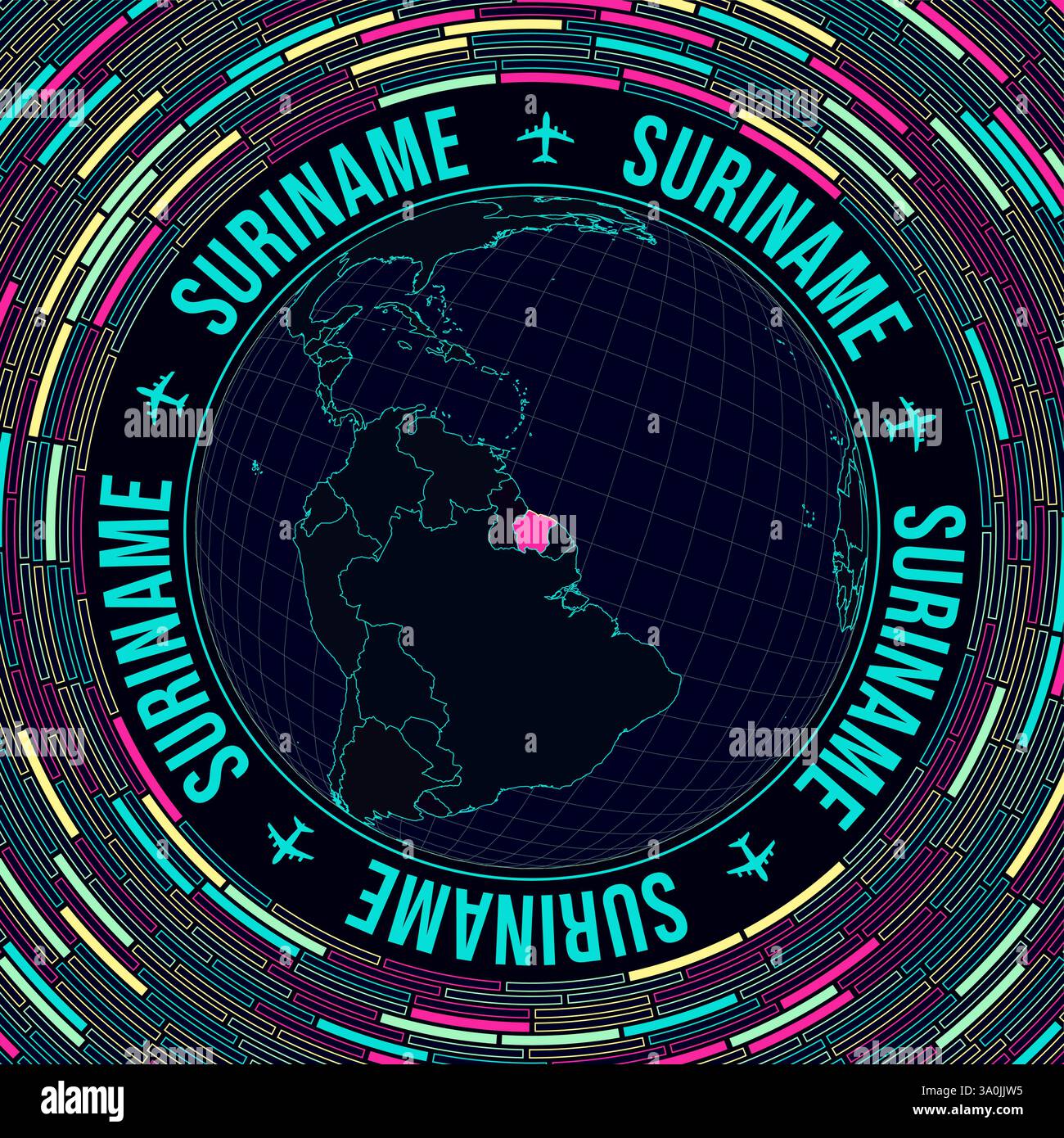 Suriname sur le globe. Vue satellite du monde centrée sur le Suriname. Style néon lumineux. Fond futuriste de briques radiales. Illustration de Vecteur