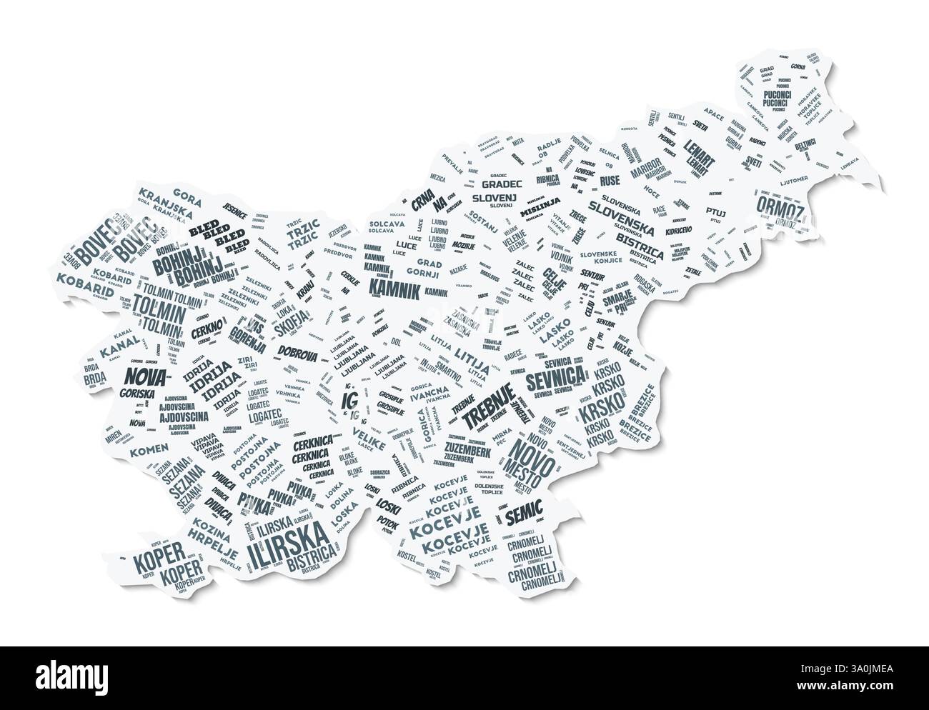Nuage de texte de forme Slovénie. Frontière de pays avec ombre sur fond blanc. Slovénie avec division des régions dans le style vintage gazette. Illustration de Vecteur
