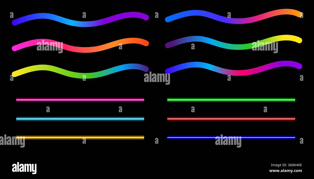 Ensemble de lignes de dégradé de couleur arc-en-ciel WAVE. Célébration et fêtes Squiggle Doodle Waves. Formes graphiques fluo courbes amusantes. Illustration de Vecteur
