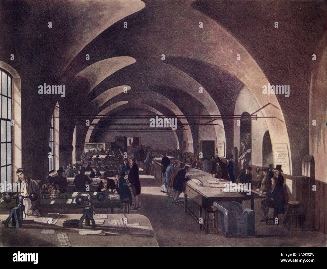 Le bureau du timbre, Somerset House : la salle d'estampage du sous-sol. Thomas Rowlandson (1756-1827) et Augustus Charles Pugin (1762-1832) (d'après) John Bluck (fl. 1791-1819), Banque D'Images Le bureau du timbre, Somerset House : la salle d'estampage du sous-sol. Thomas Rowlandson (1756-1827) et Augustus Charles Pugin (1762-1832) (d'après) John Bluck (fl. 1791-1819), Banque D'Images