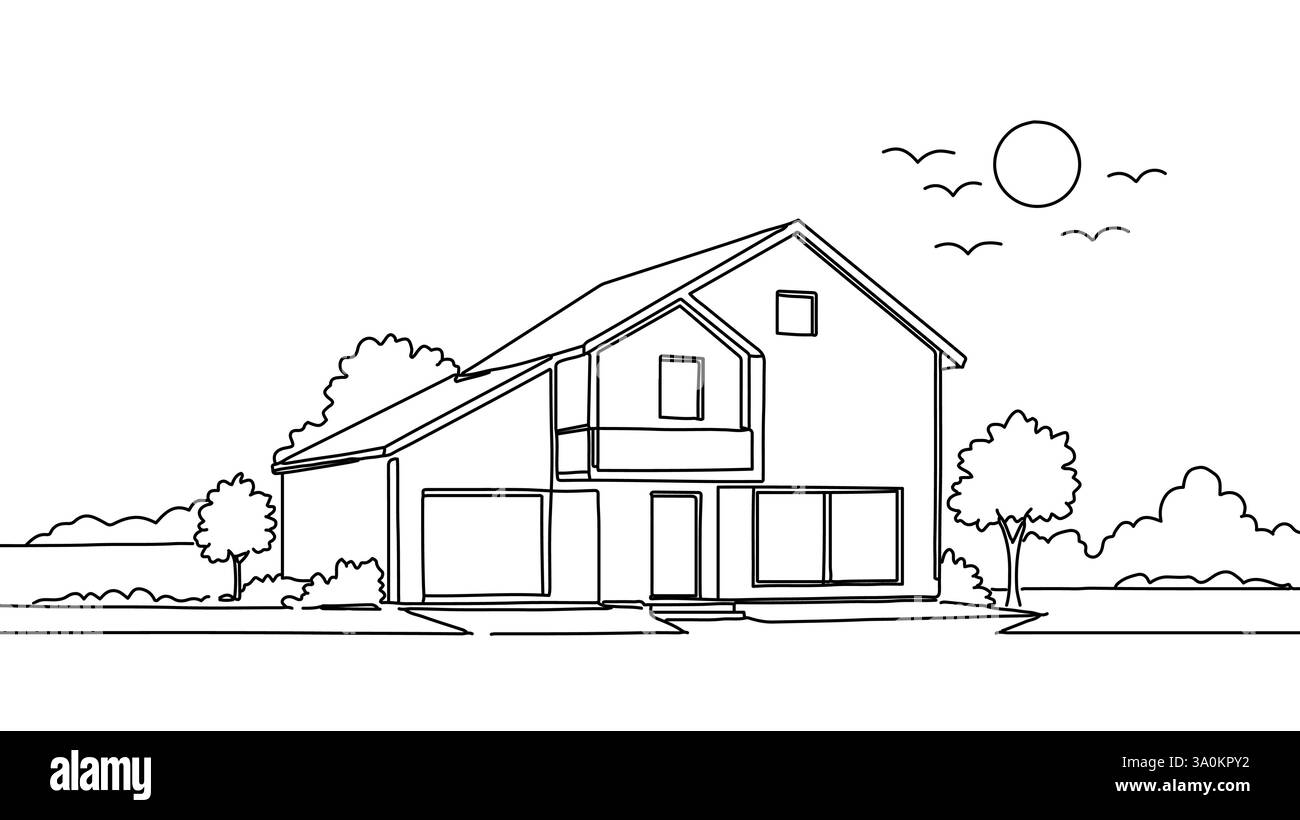 Dessin de contour de maison moderne. Arbres oiseaux soleil à l'extérieur. Architecture de conception immobilière. Illustration vectorielle de vue avant minimaliste de dessin au trait Illustration de Vecteur