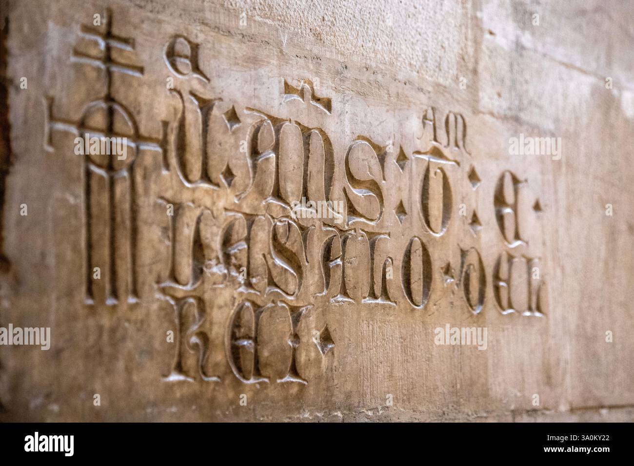 Inscription historique en pierre latine ou gothique sur un ancien monument Banque D'Images
