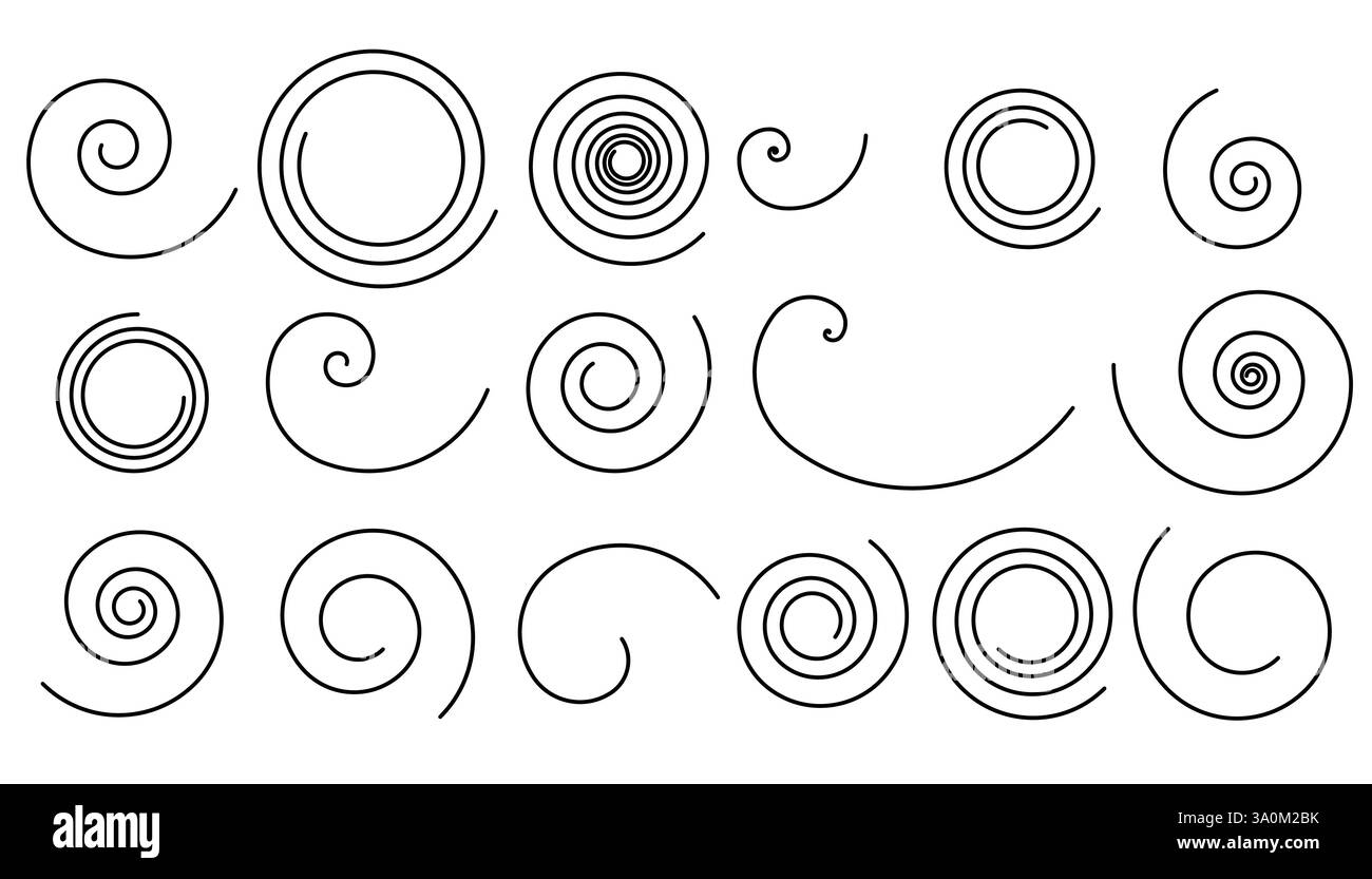 Une collection de dessins au trait en spirale noire et en tourbillon sur un fond blanc. Conception abstraite, minimale et géométrique avec divers p courbes et circulaires Illustration de Vecteur