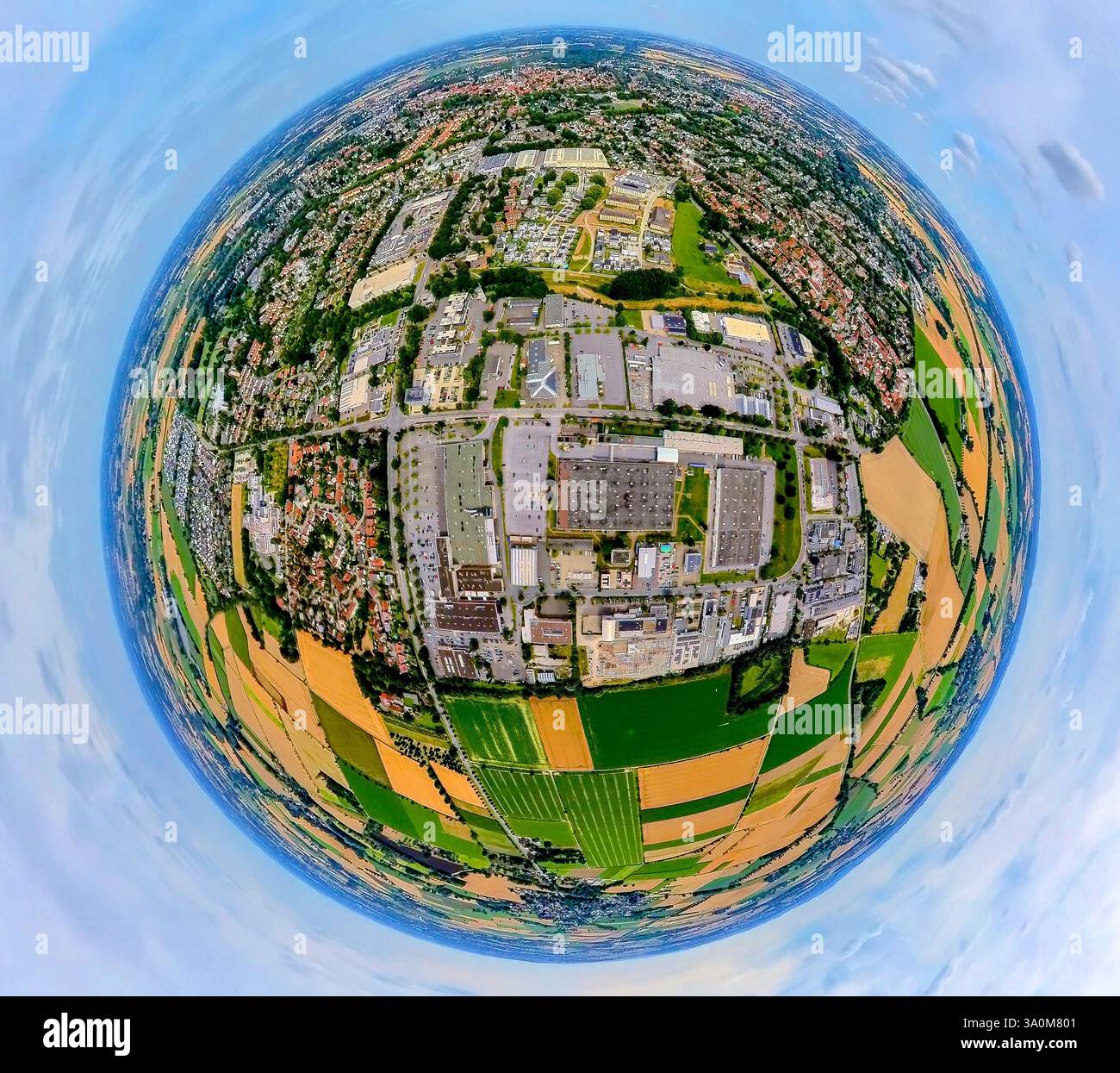 Vue aérienne, zone industrielle Senator-Schwartz-Ring, au-dessus du quartier belge, globe, image fisheye, image à 360 degrés, monde minuscule, petite planète, fisheye Banque D'Images