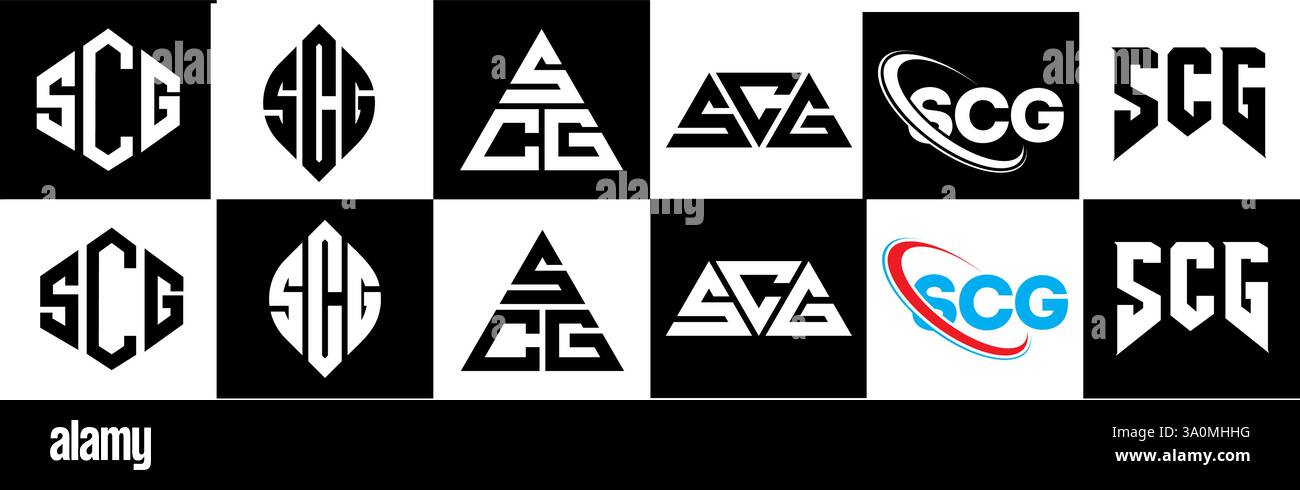 Conception de logo de lettre SCG dans le style six. SCG polygone, cercle, triangle, hexagone, style plat et simple avec variation de couleur noir et blanc lettre logo se Illustration de Vecteur