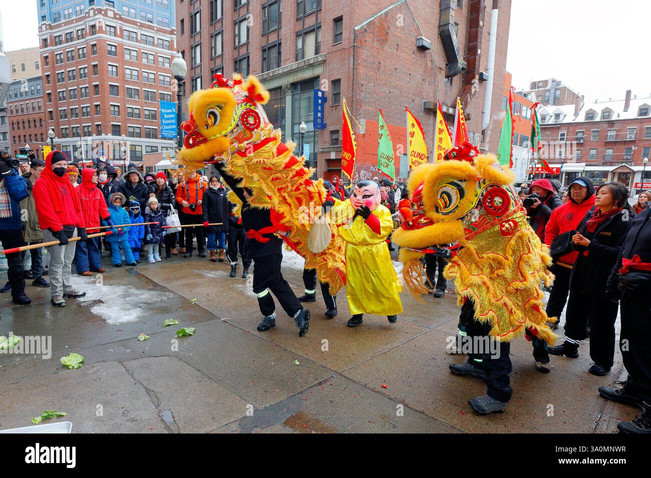 Gung Kwok 巾幗 Asian Women's Lion Dance troupe à Boston pendant le Festival du printemps, nouvel an chinois, le 9 février 2025. (voir détails supplémentaires) Banque D'Images