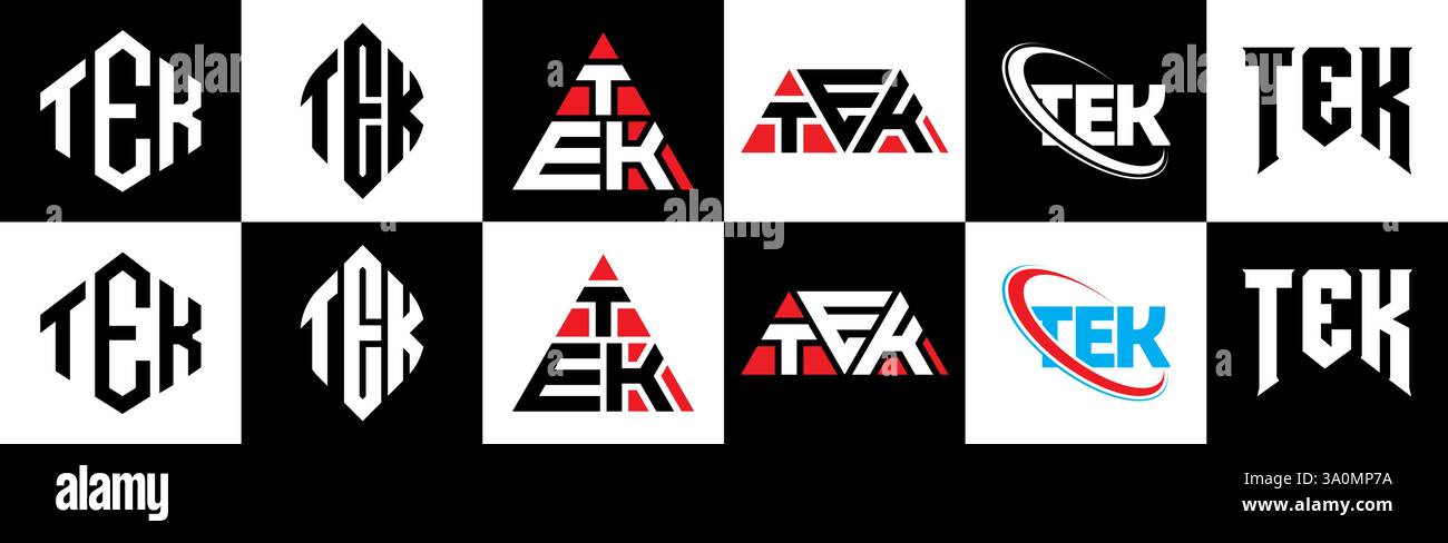 Design de logo de lettre TEK dans le style six. TEK polygone, cercle, triangle, hexagone, style plat et simple avec couleur noir et blanc variation lettre logo se Illustration de Vecteur