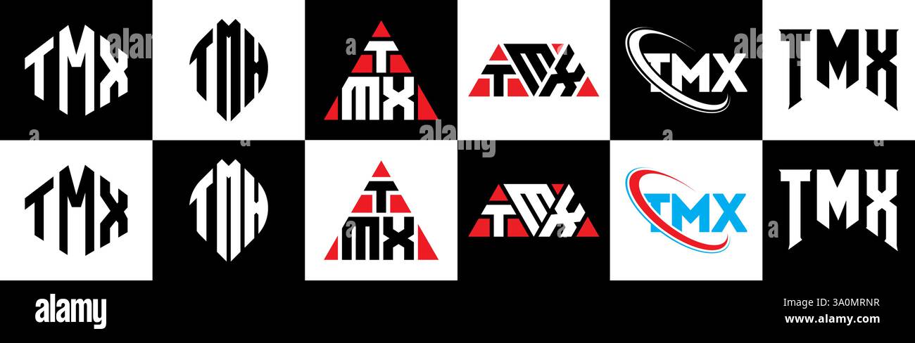 Logo de lettre TMX dans le style six. TMX polygone, cercle, triangle, hexagone, style plat et simple avec variation de couleur noir et blanc lettre logo se Illustration de Vecteur