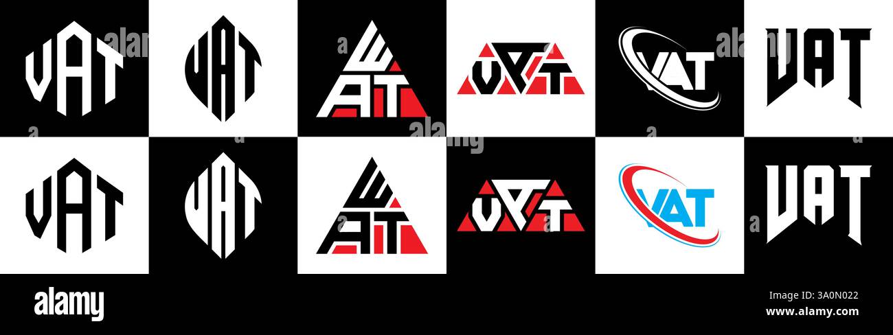 Conception de logo de lettre de TVA dans le style six. TVA polygone, cercle, triangle, hexagone, style plat et simple avec variation de couleur noir et blanc lettre logo se Illustration de Vecteur