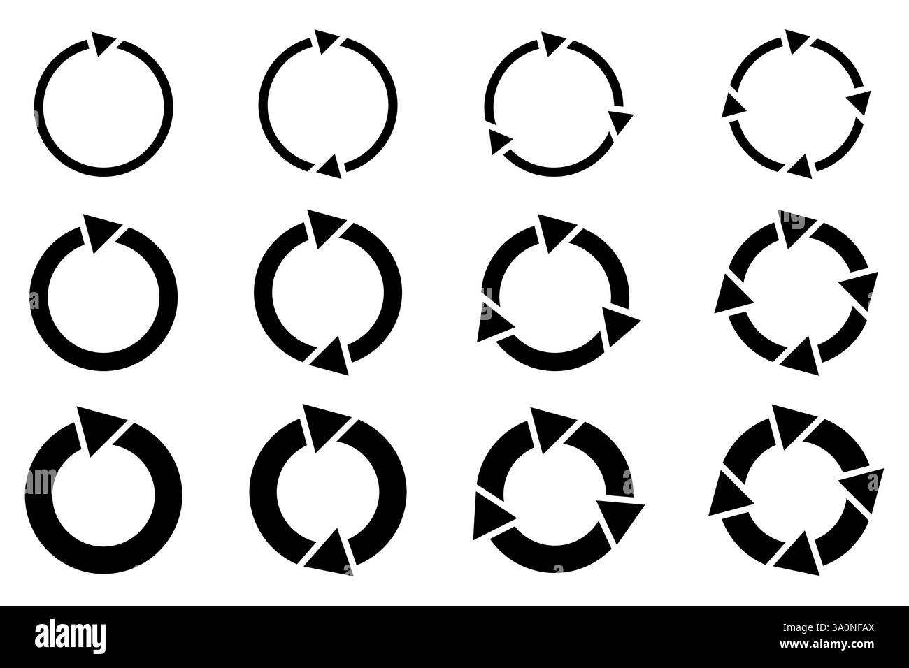 Icônes de flèche circulaire. Symboles de cycle de rotation. Flèches noires en boucle. Actualiser les affiches de rechargement. Illustration de Vecteur