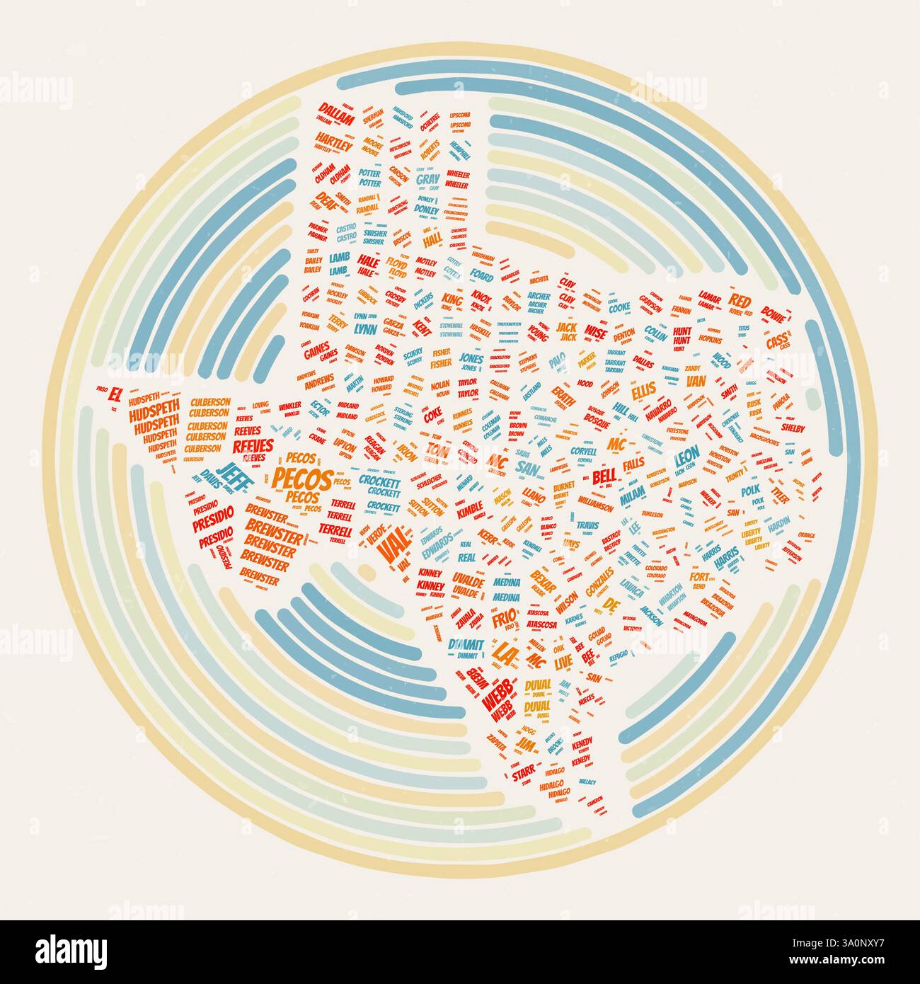 Affiche Texas Round. Image de style typographique de State. Comtés nuages de mots du Texas. Design d'image vintage avec texture de grattage. Illustration de Vecteur