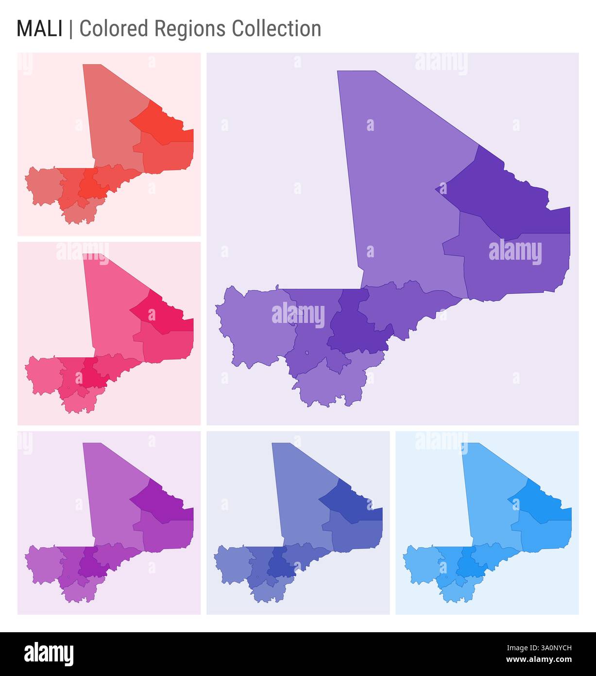 Collection de cartes du Mali. Forme de pays avec régions colorées. Violet foncé, rouge, rose, violet, indigo, palettes de couleurs bleues. Illustration de Vecteur