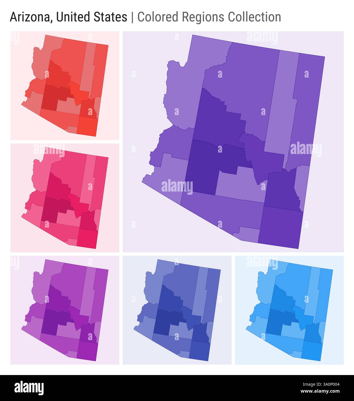 Arizona, États-Unis. Collection de cartes. Forme d'état. Comtés colorés. Violet foncé, rouge, rose, violet, indigo, palettes de couleurs bleues. Illustration de Vecteur