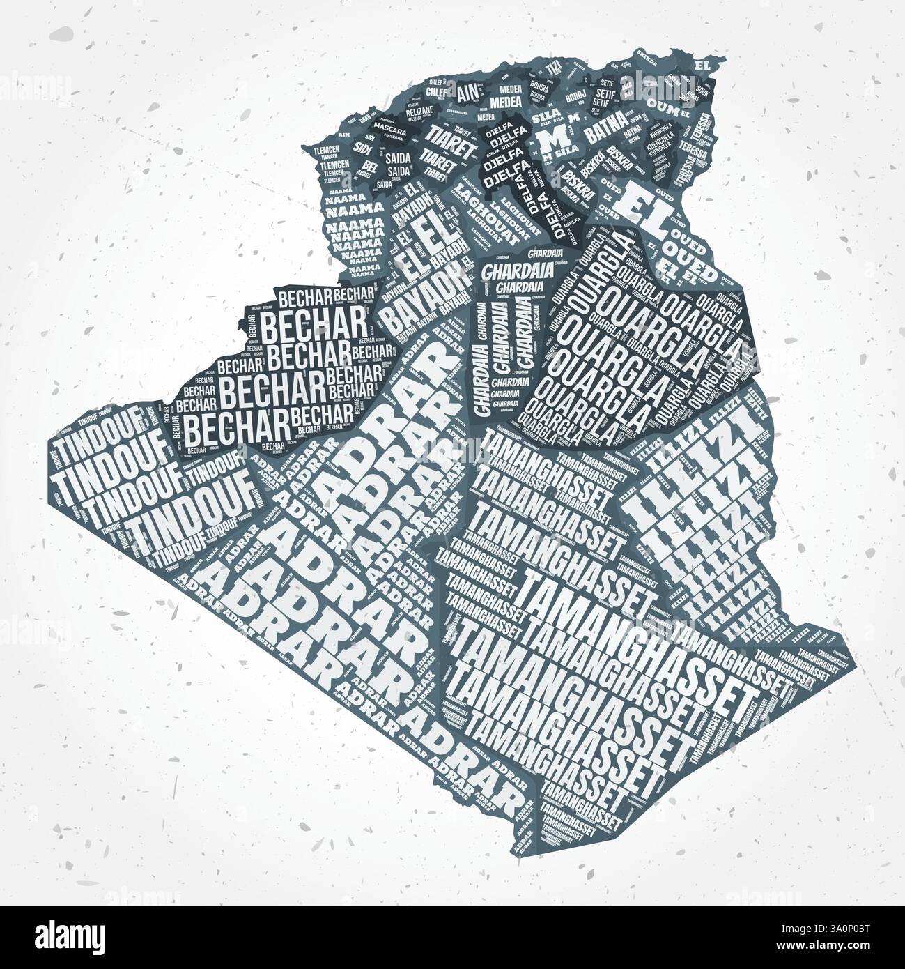 Algérie régions nuages de mots. Forme de pays sur fond texturé. Algérie design dans un style typographique. Illustration vectorielle élégante. Illustration de Vecteur