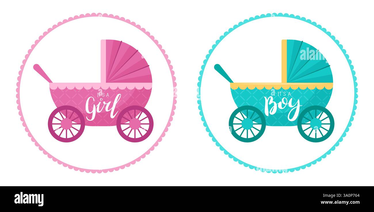 Deux mignons Baby Shower genre révèlent des invitations avec des poussettes roses et bleues, annonçant son a Girl et son a Boy. Illustration de Vecteur