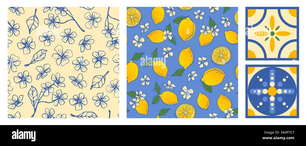 Collection de motifs Amalfi avec des motifs méditerranéens en bleu et jaune. Fleurs de citron, agrumes vibrants avec des fleurs, motifs de carreaux décoratifs. Imprimés classiques d'inspiration italienne pour la décoration intérieure ou le tissu. Illustration de Vecteur