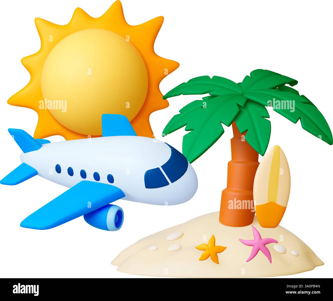 Vacances à la plage 3d concept. Avion, palmier sur l'île de sable, planche de surf et soleil. Concept réaliste d'été, voyage et tourisme, scène de rendu vectoriel Illustration de Vecteur
