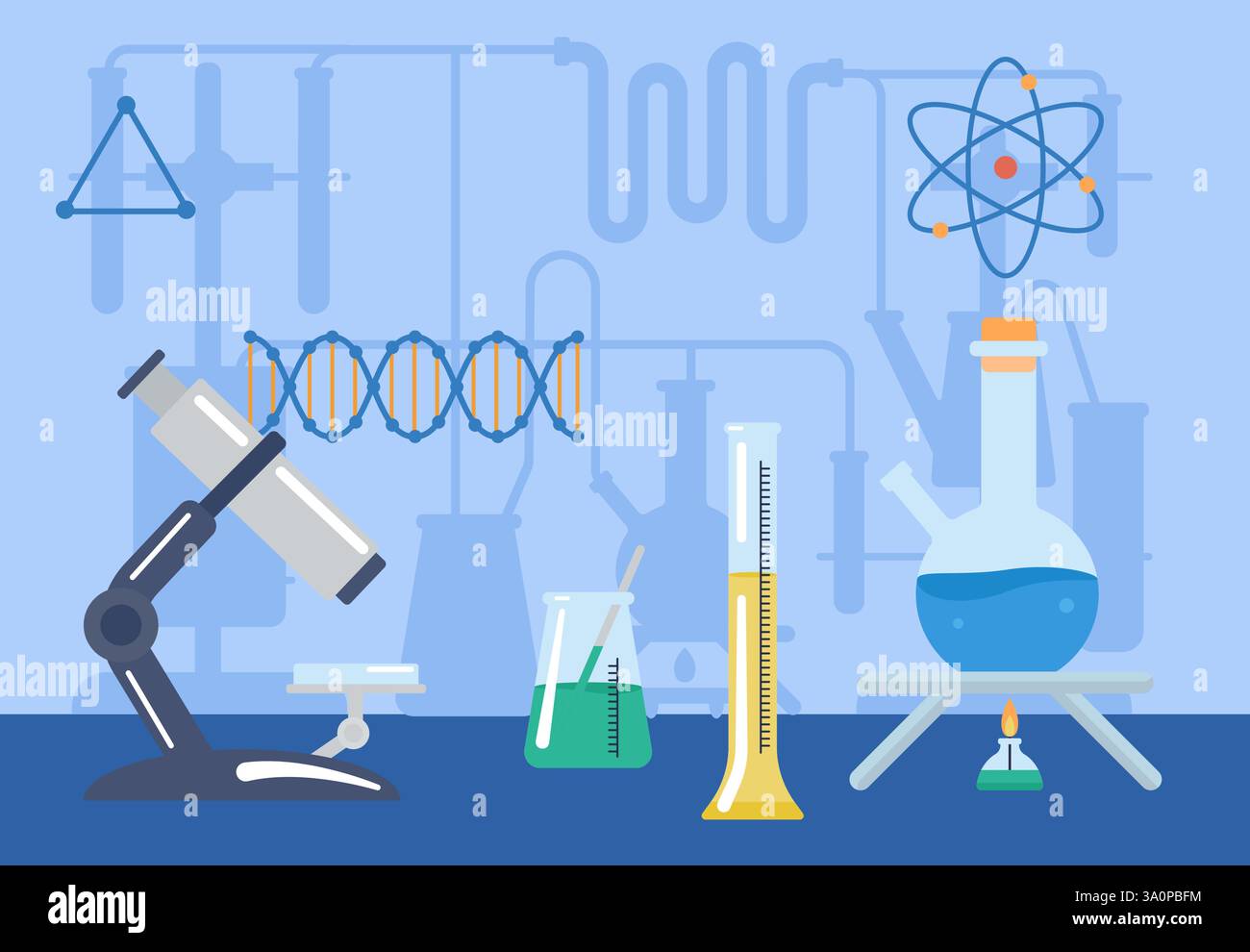 Expérience de laboratoire. Bouteille en verre, microscope, système de recherche en chimie. Chercheurs en pharmacologie ou en médecine. Concept de vecteur d'équipement de laboratoire Illustration de Vecteur