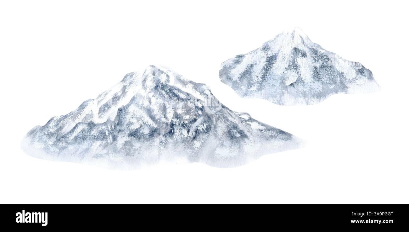 Sommets enneigés. Illustration aquarelle, dessinée à la main sur fond isolé. Pour la décoration, le design, l'impression et la polygraphie, la publicité a Banque D'Images