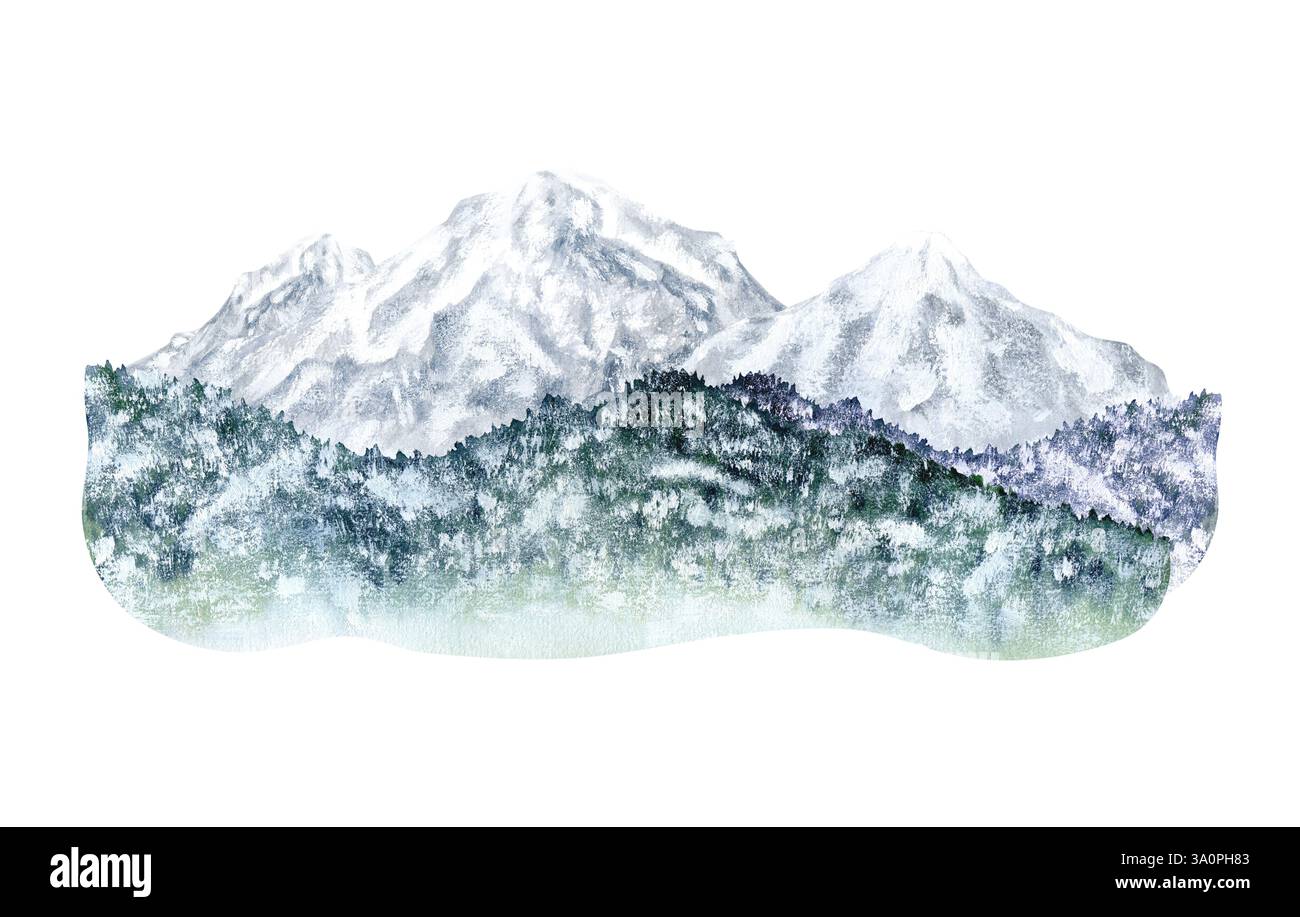Paysage de montagne hivernal. Pics et forêt dans la neige. Illustration aquarelle, dessinée à la main sur fond isolé. Pour le décor, le design, l'impression et le polyg Banque D'Images