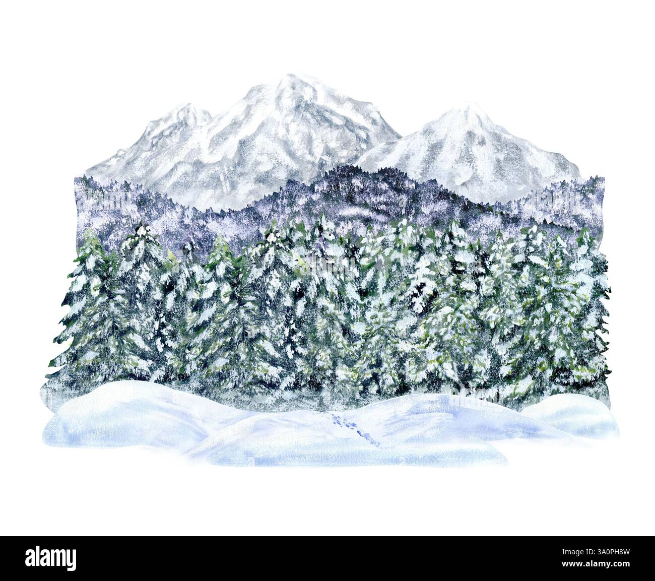 Paysage de montagne hivernal. Pics et forêt dans la neige. Illustration aquarelle, dessinée à la main sur fond isolé. Pour le décor, le design, l'impression et le polyg Banque D'Images